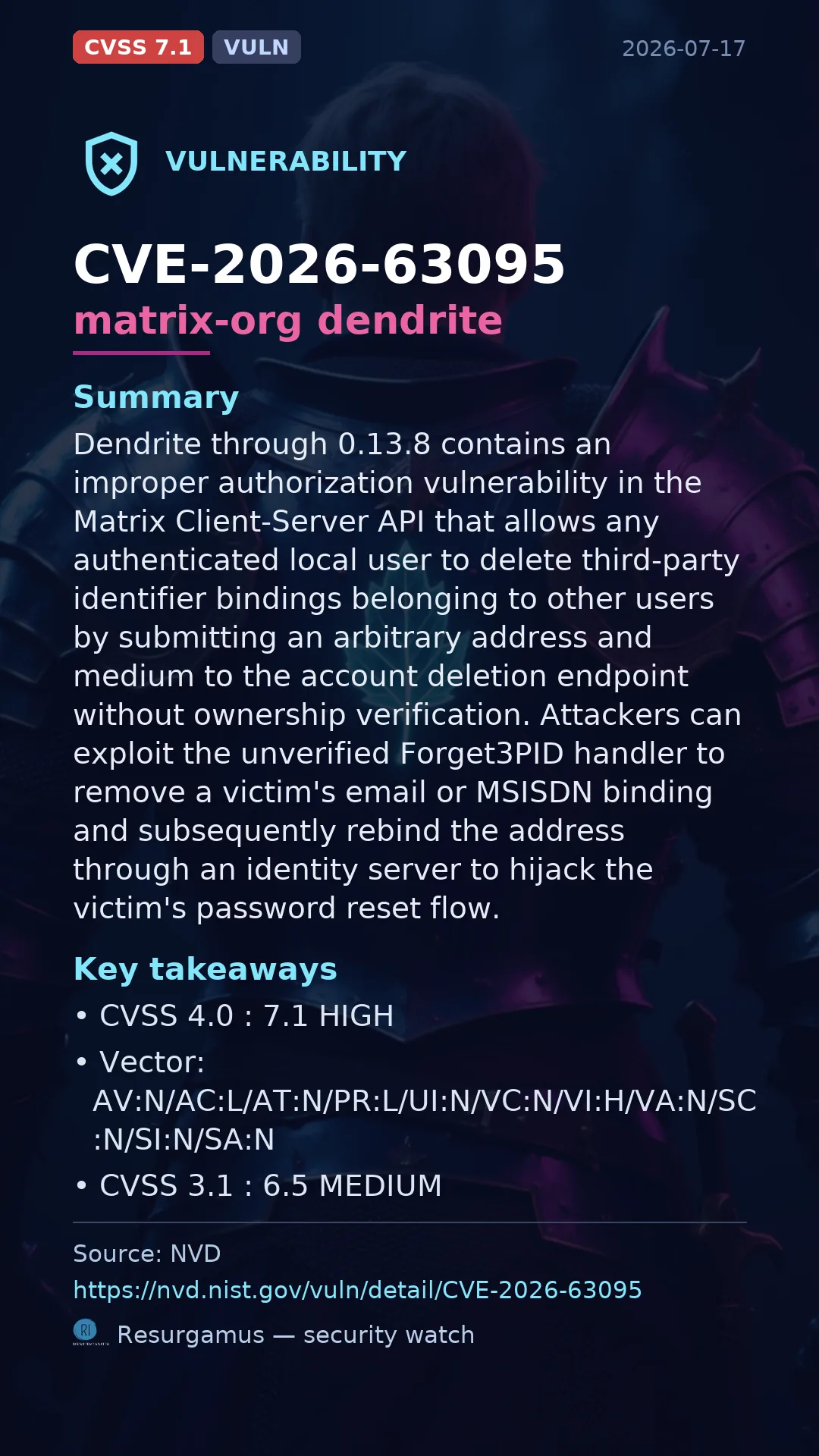 CVE-2026-63095 matrix-org dendrite Vulnerability