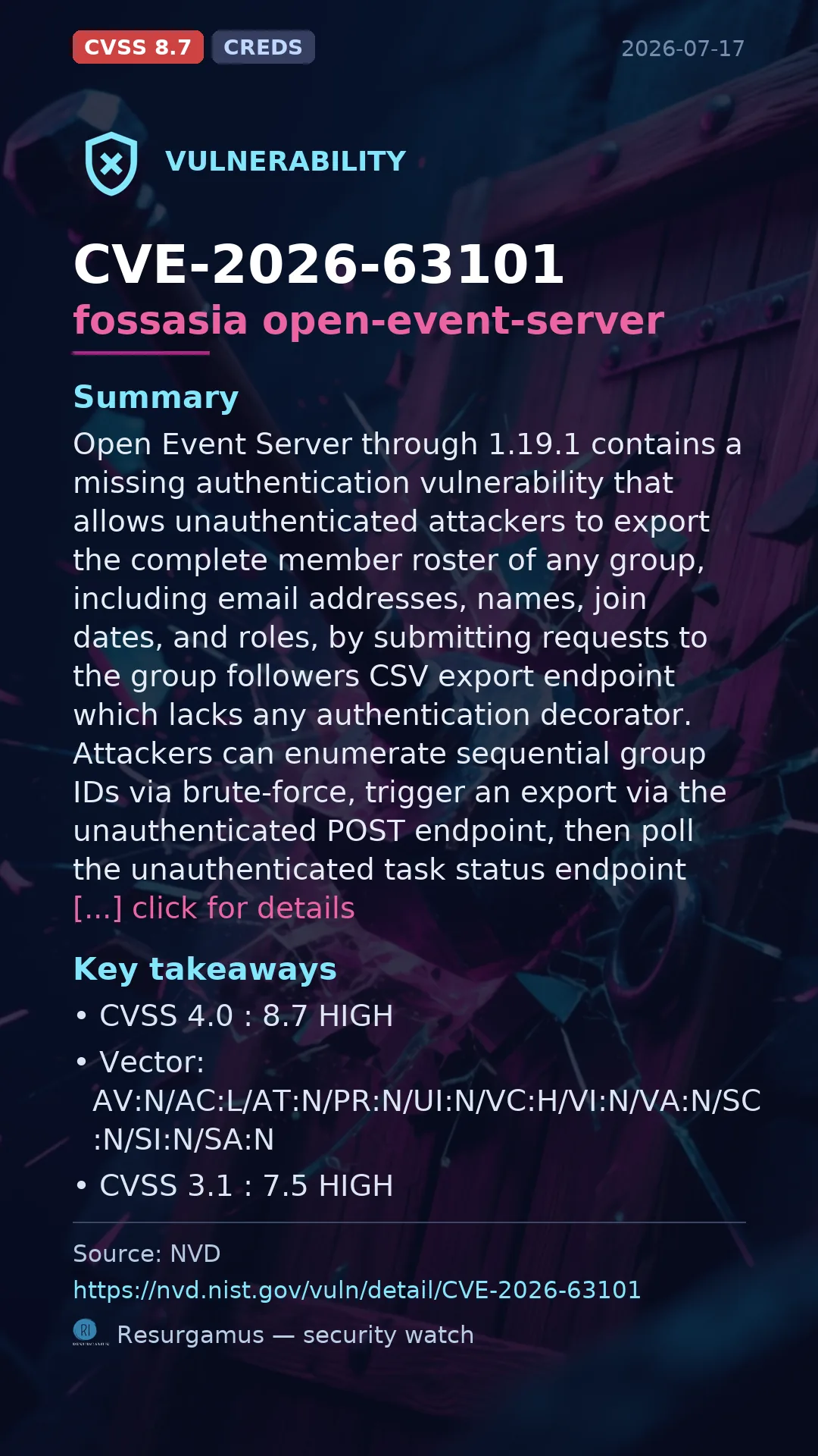 CVE-2026-63101 fossasia open-event-server Vulnerability
