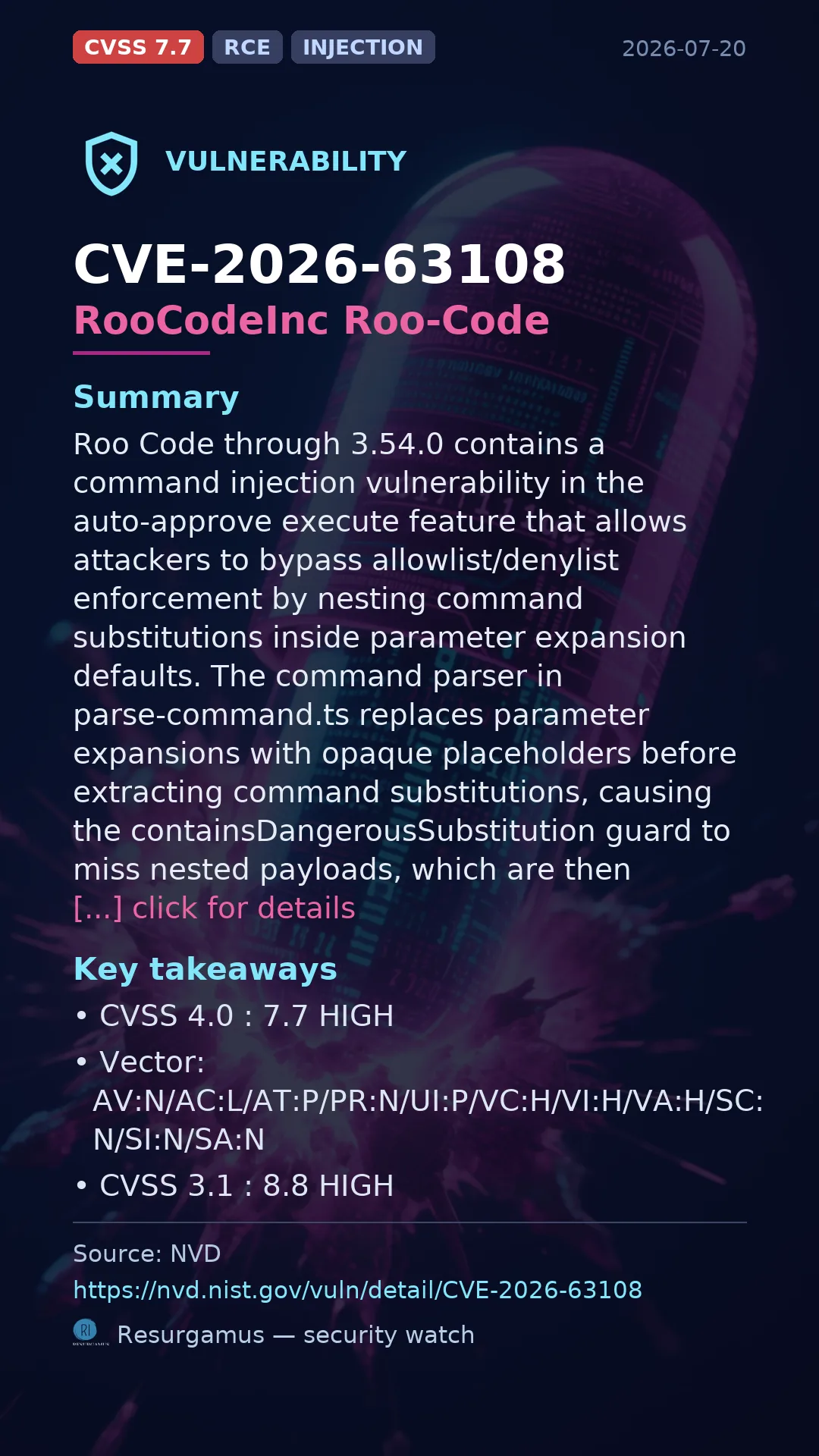 CVE-2026-63108 RooCodeInc Roo-Code Vulnerability