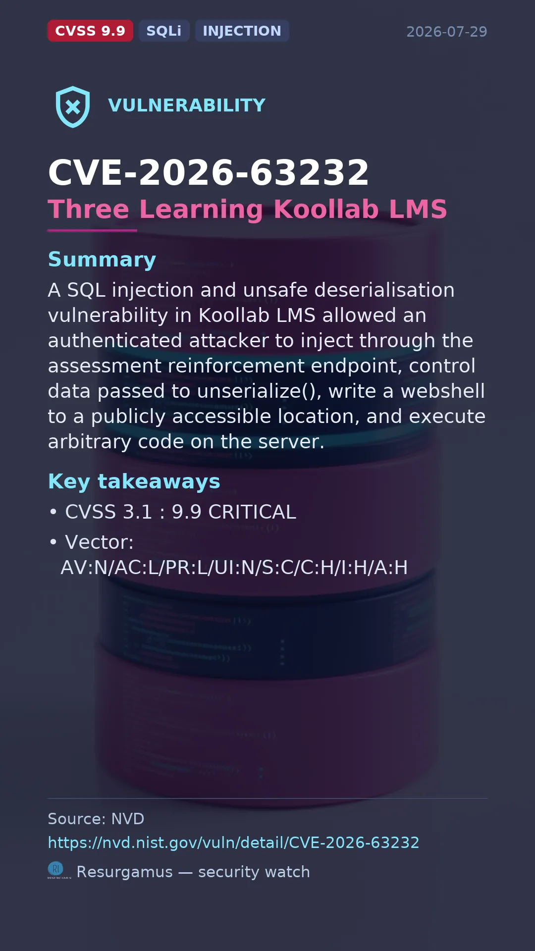 CVE-2026-63232 Three Learning Koollab LMS Vulnerability
