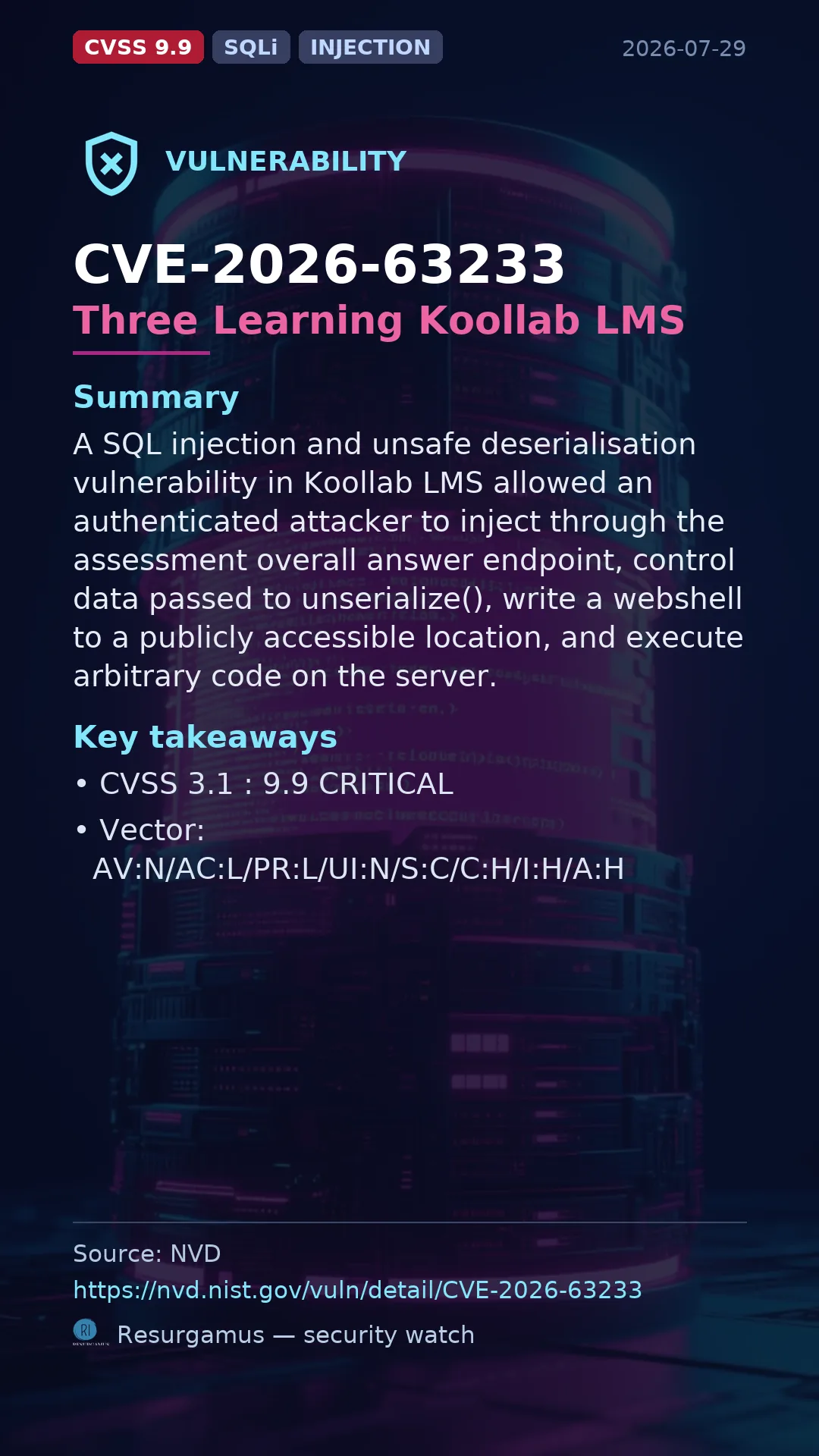 CVE-2026-63233 Three Learning Koollab LMS Vulnerability