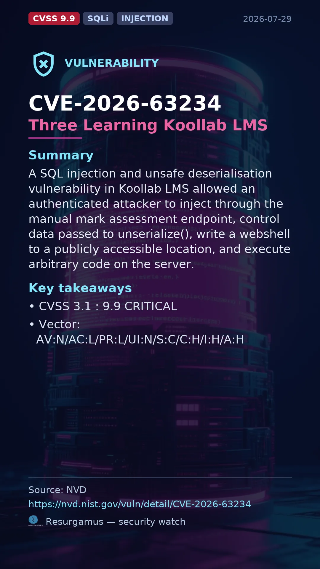CVE-2026-63234 Three Learning Koollab LMS Vulnerability