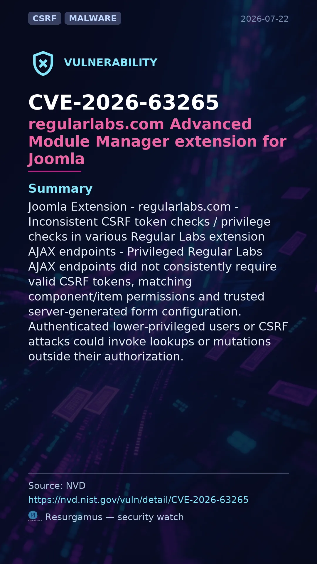 CVE-2026-63265 regularlabs.com Advanced Module Manager extension for Joomla Vulnerability