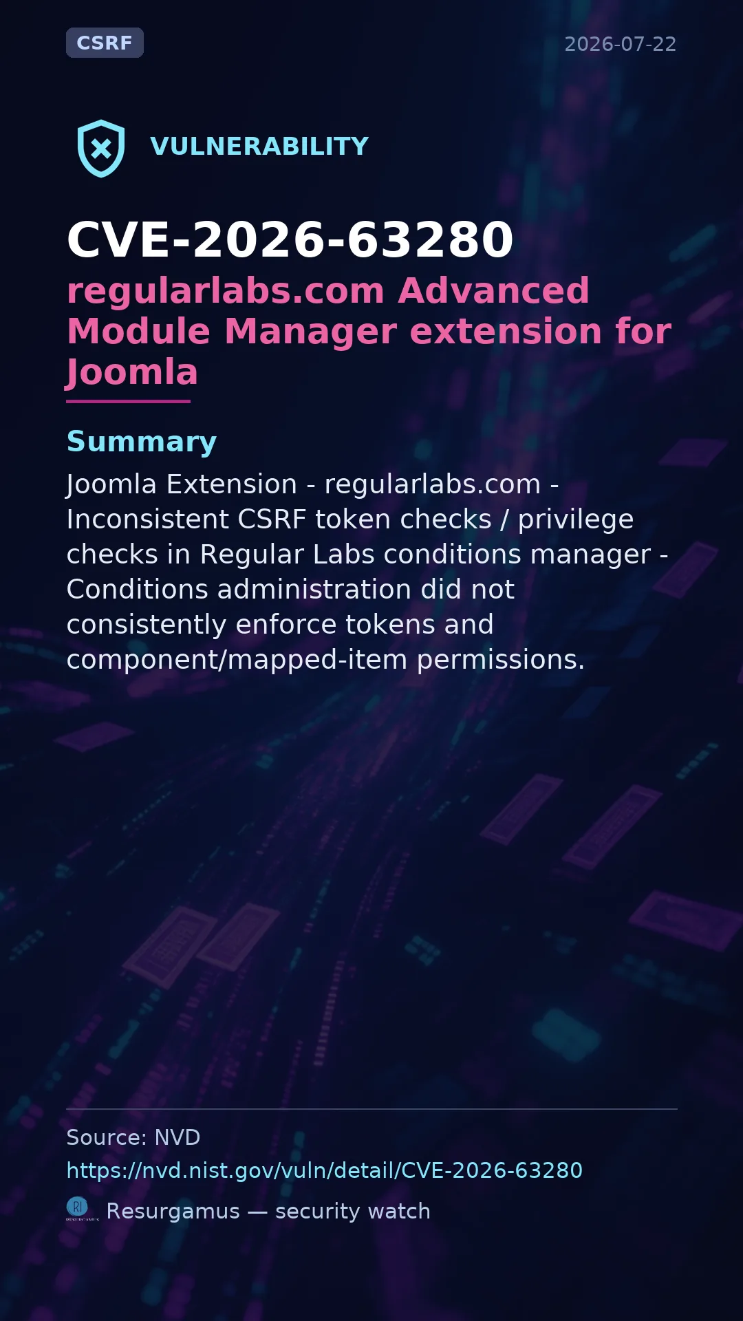 CVE-2026-63280 regularlabs.com Advanced Module Manager extension for Joomla Vulnerability