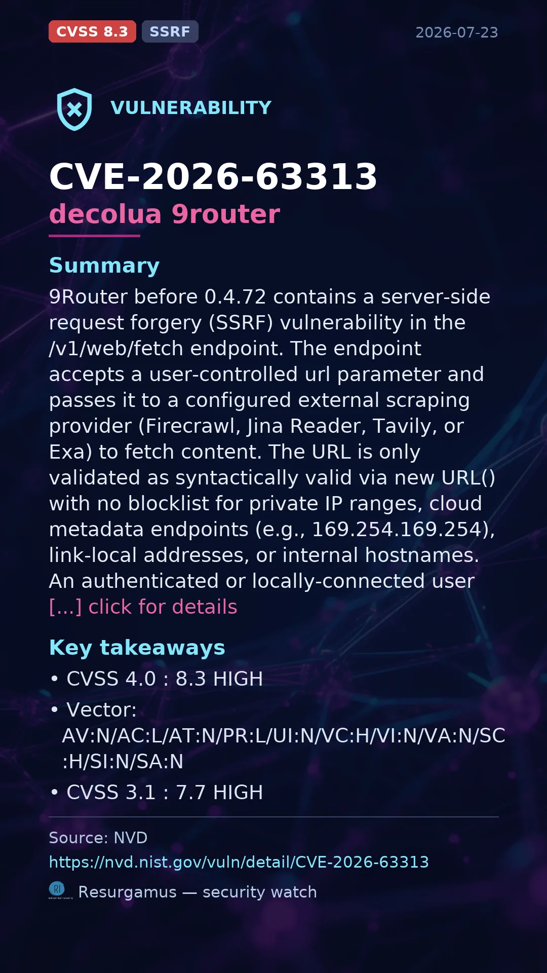 CVE-2026-63313 - decolua 9router vulnerability