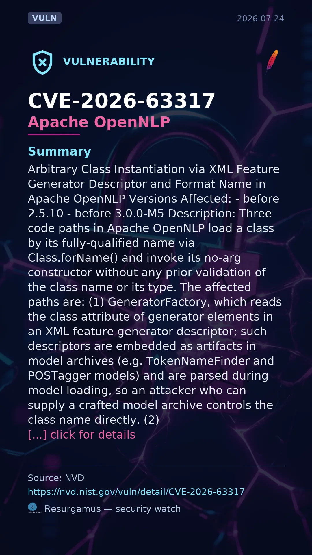 CVE-2026-63317 - Apache OpenNLP vulnerability