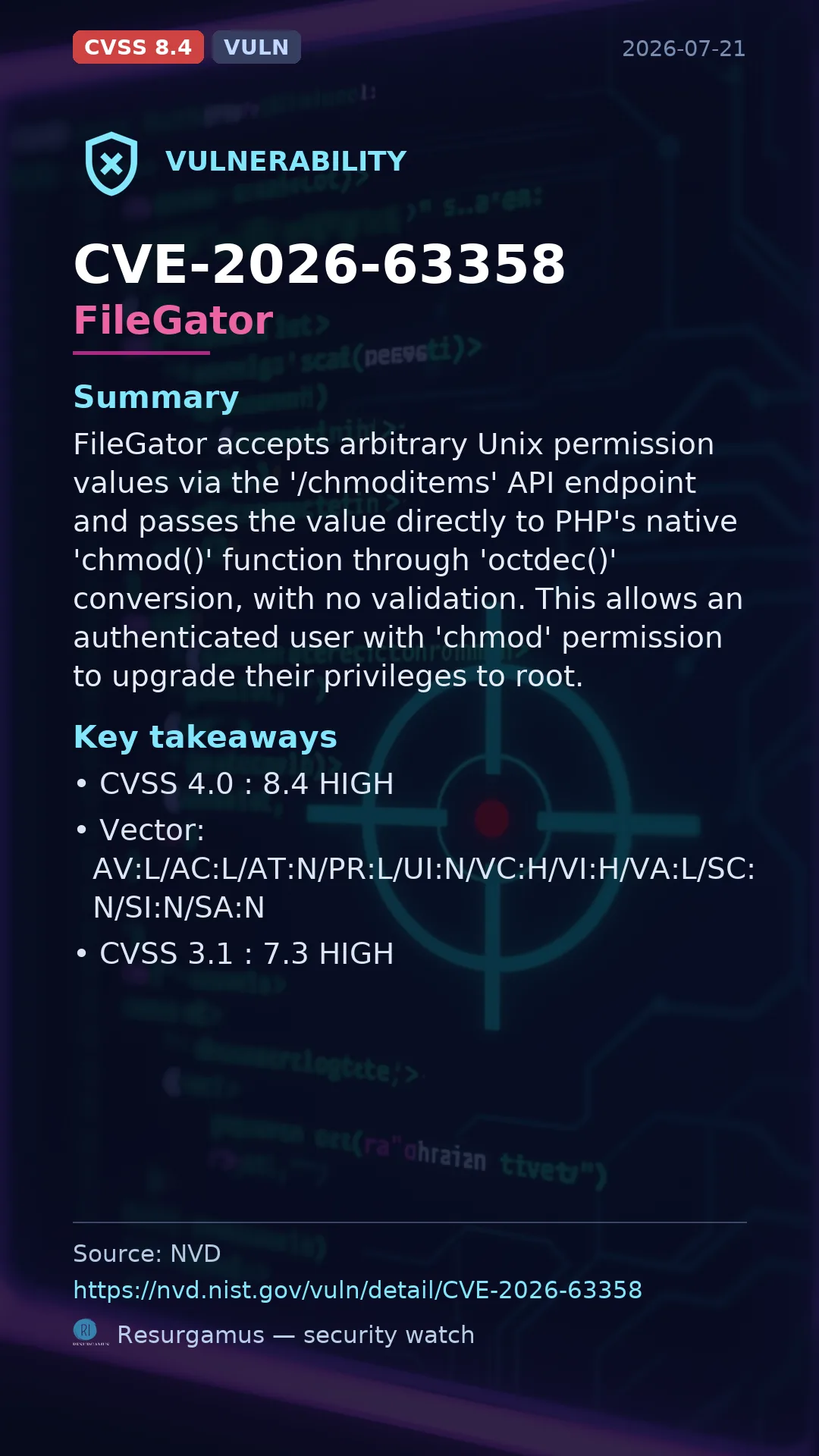 CVE-2026-63358 FileGator Vulnerability