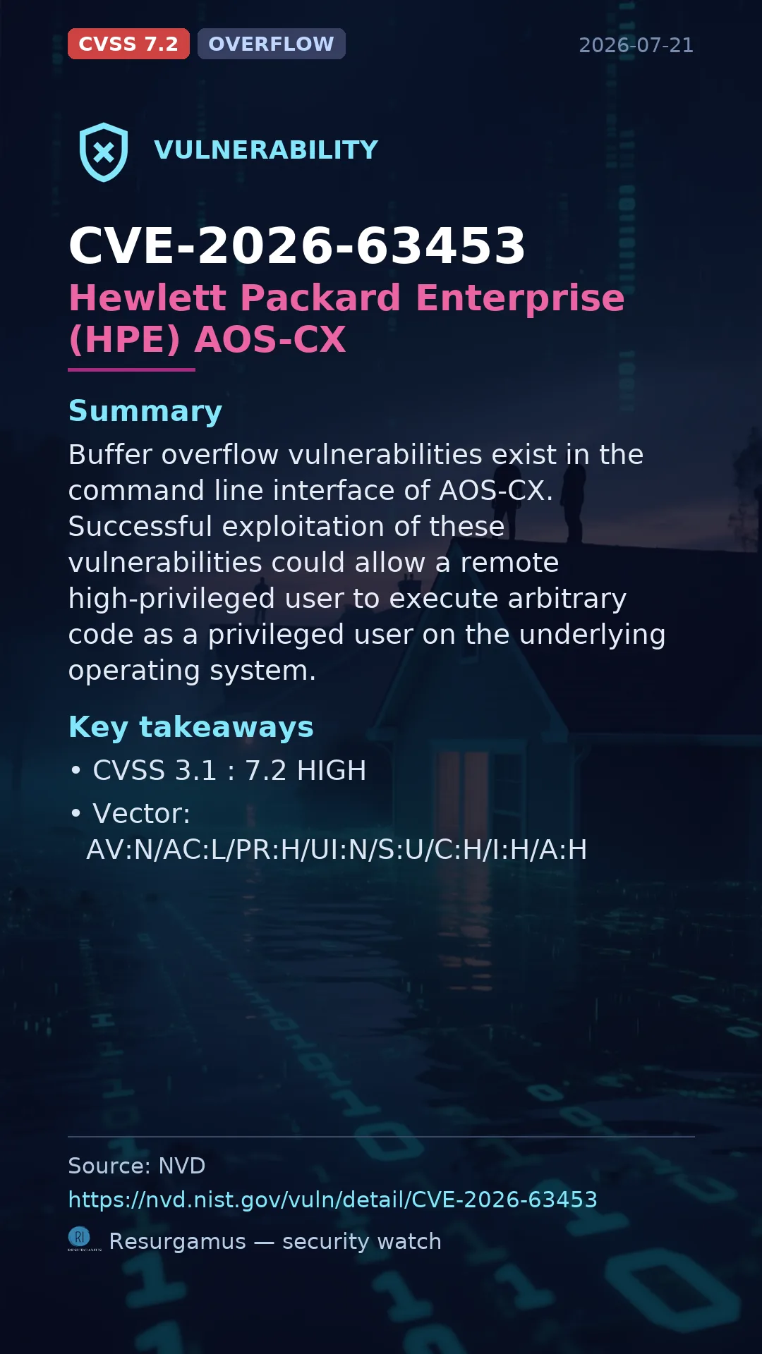 CVE-2026-63453 Hewlett Packard Enterprise (HPE) AOS-CX Vulnerability