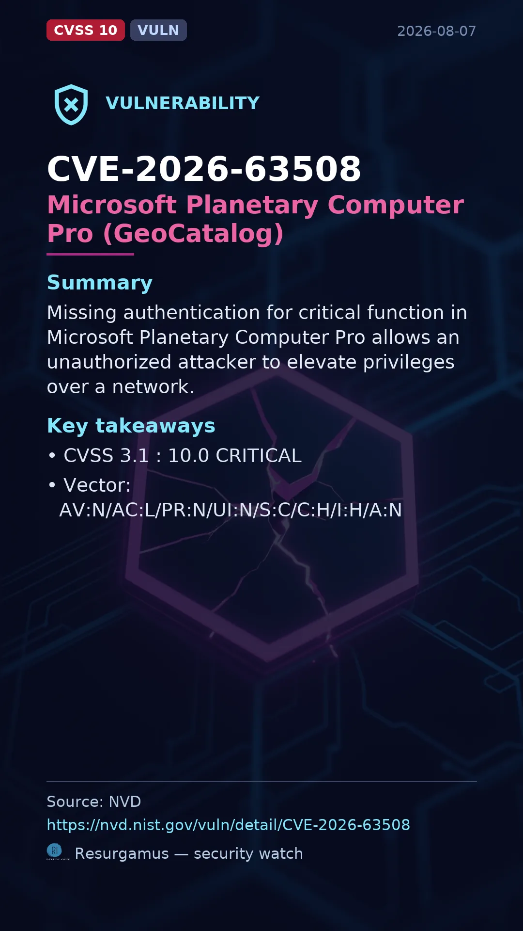 CVE-2026-63508 Microsoft Planetary Computer Pro (GeoCatalog) Vulnerability