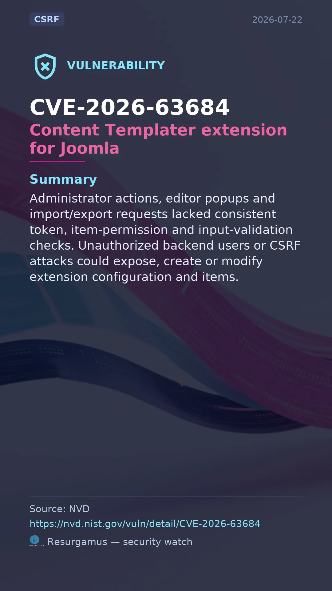 CVE-2026-63684 Content Templater extension for Joomla Vulnerability