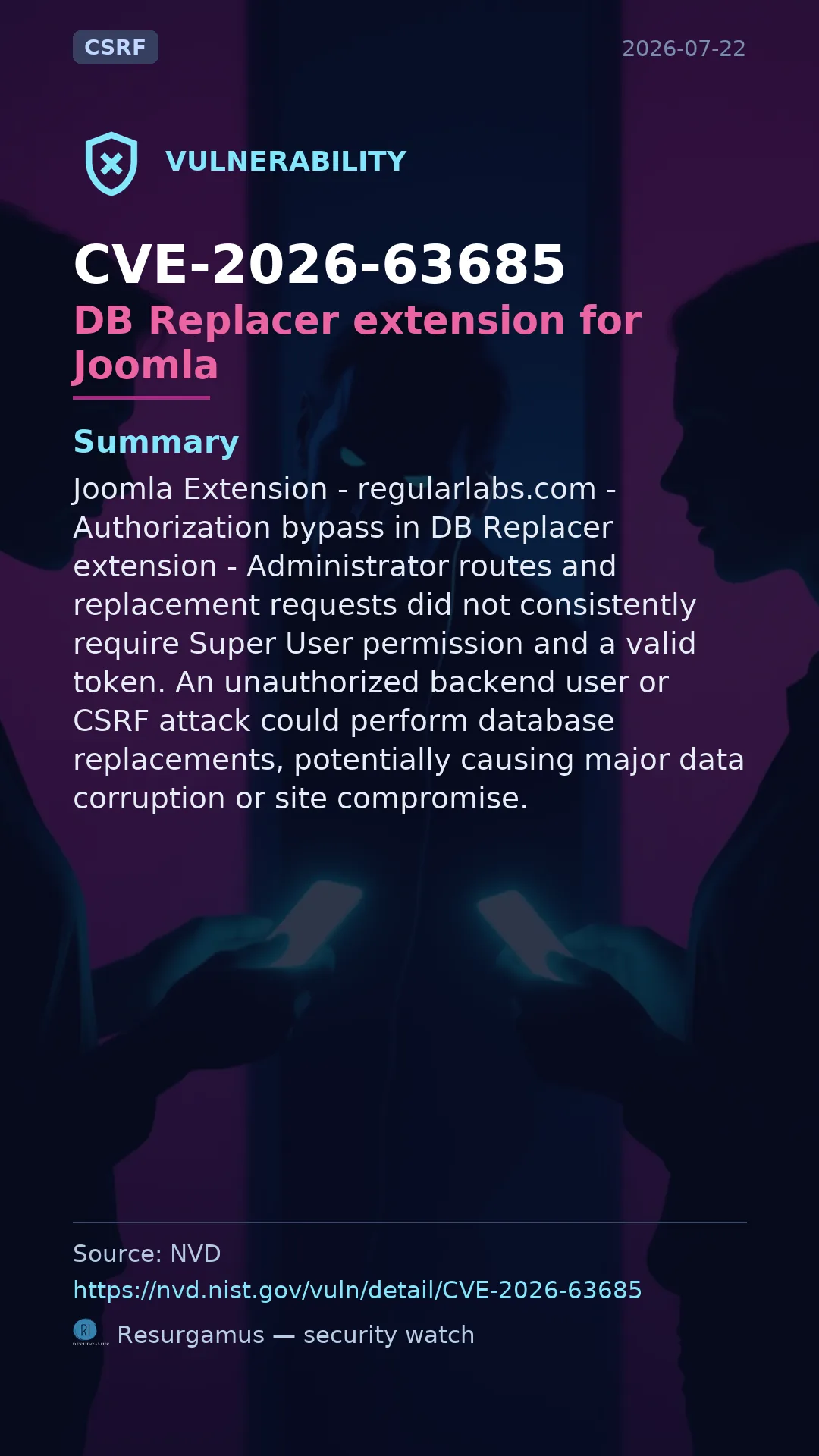 CVE-2026-63685 DB Replacer extension for Joomla Vulnerability