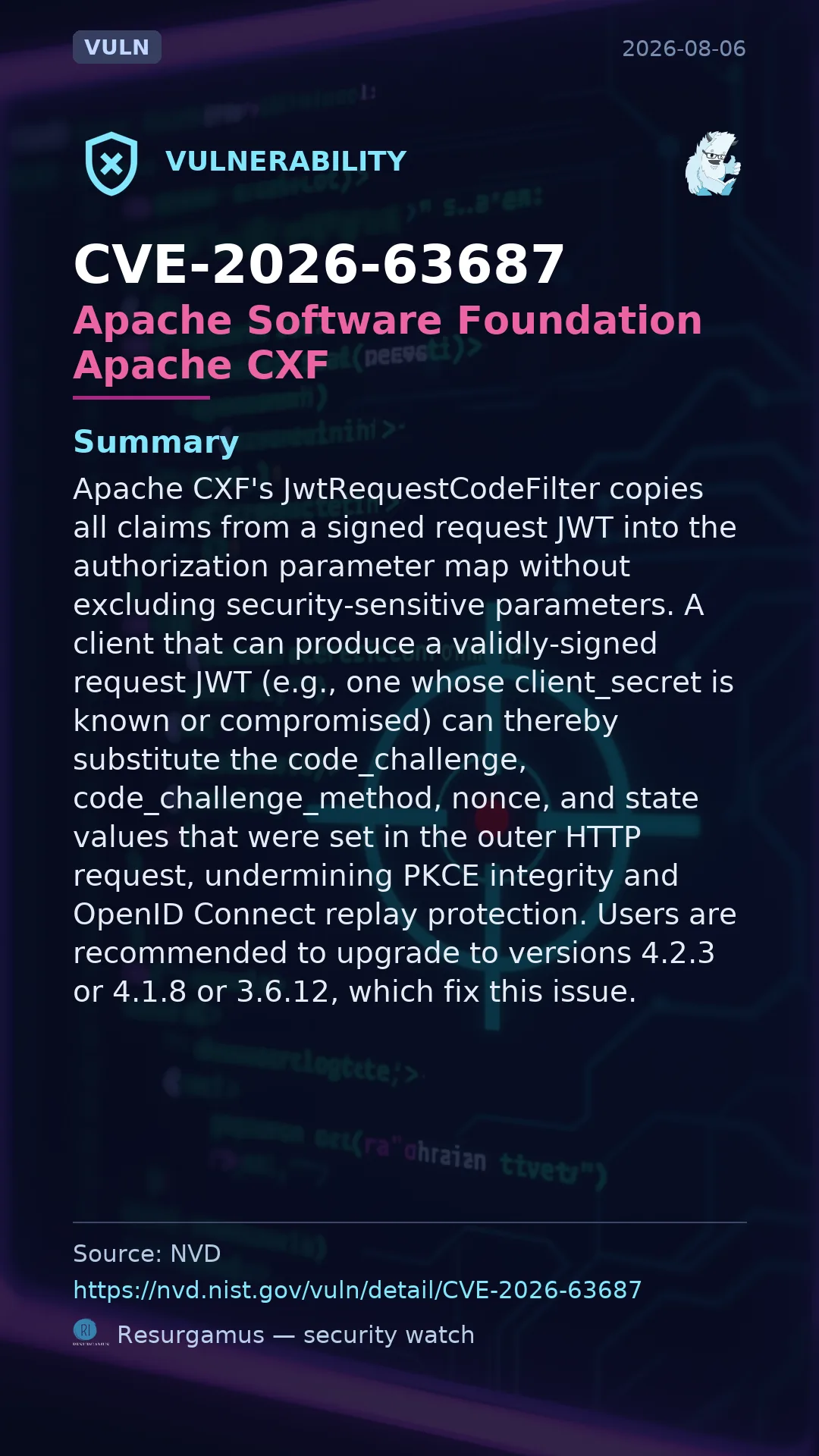 CVE-2026-63687 Apache Software Foundation Apache CXF Vulnerability