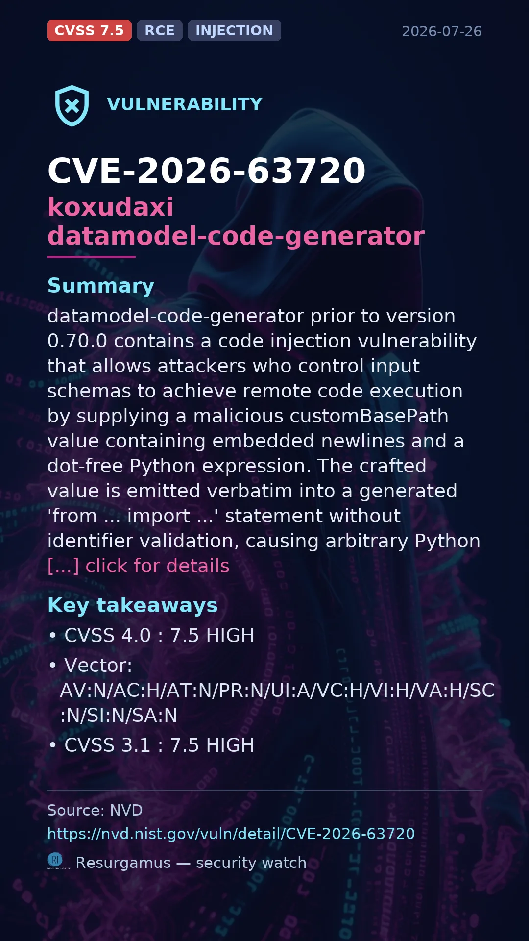 CVE-2026-63720 - koxudaxi datamodel-code-generator vulnerability