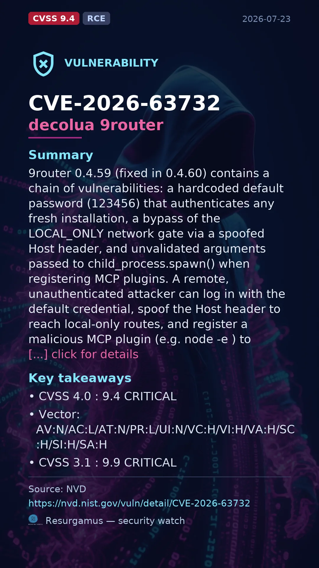 CVE-2026-63732 - decolua 9router vulnerability