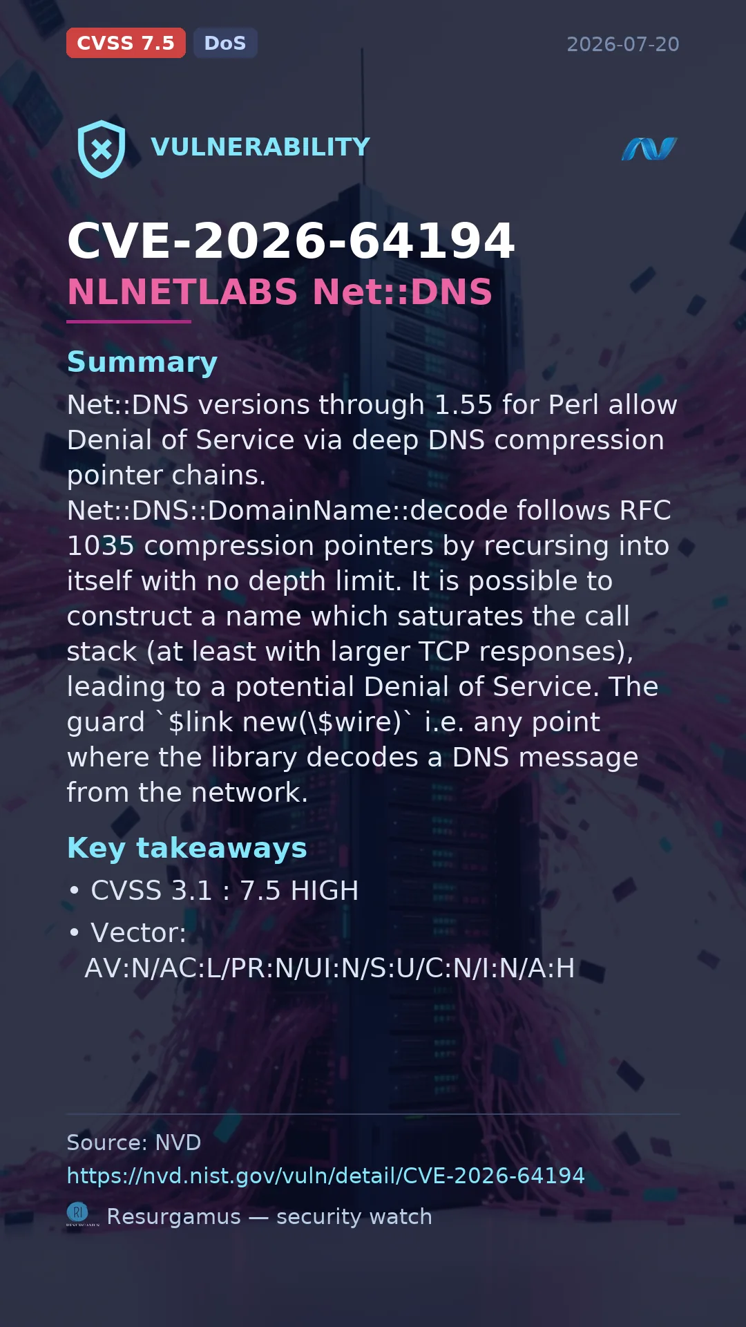 CVE-2026-64194 NLNETLABS Net::DNS Vulnerability