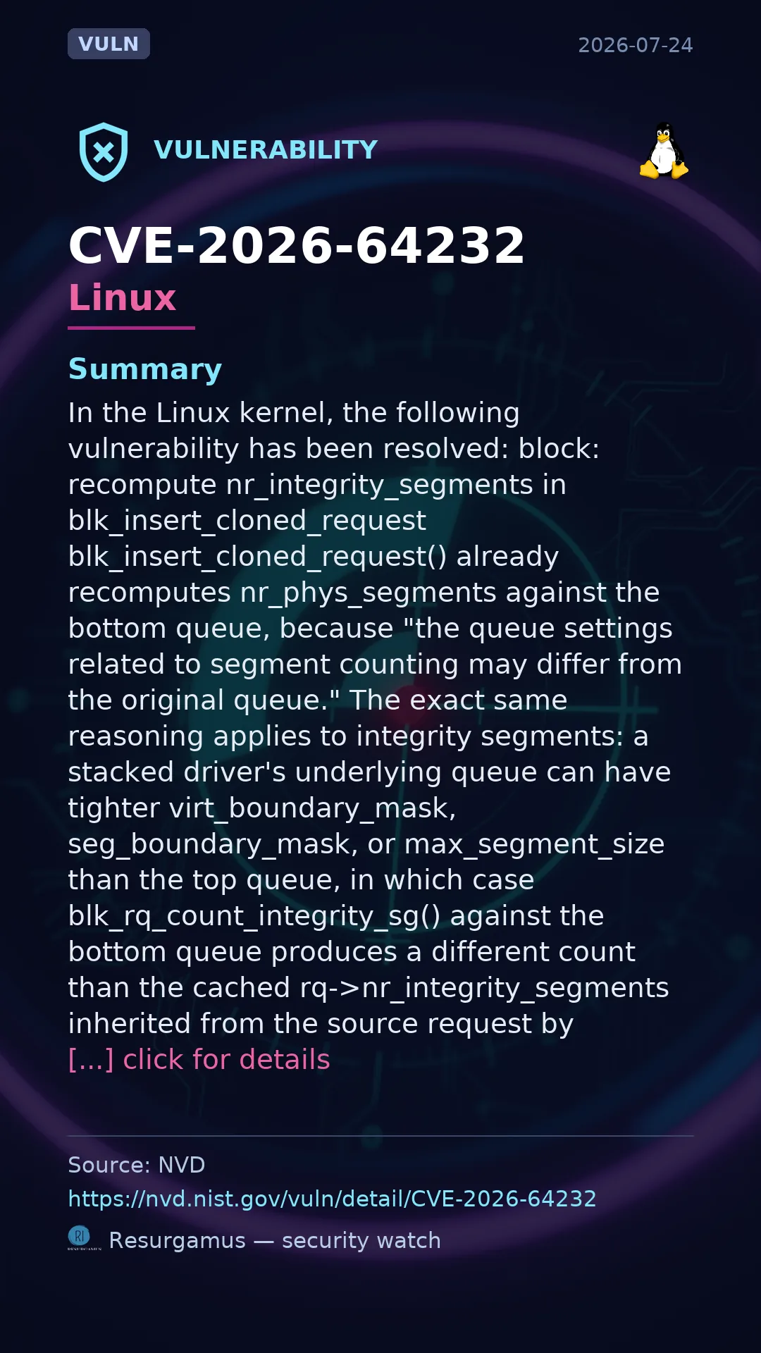 CVE-2026-64232 - Linux vulnerability