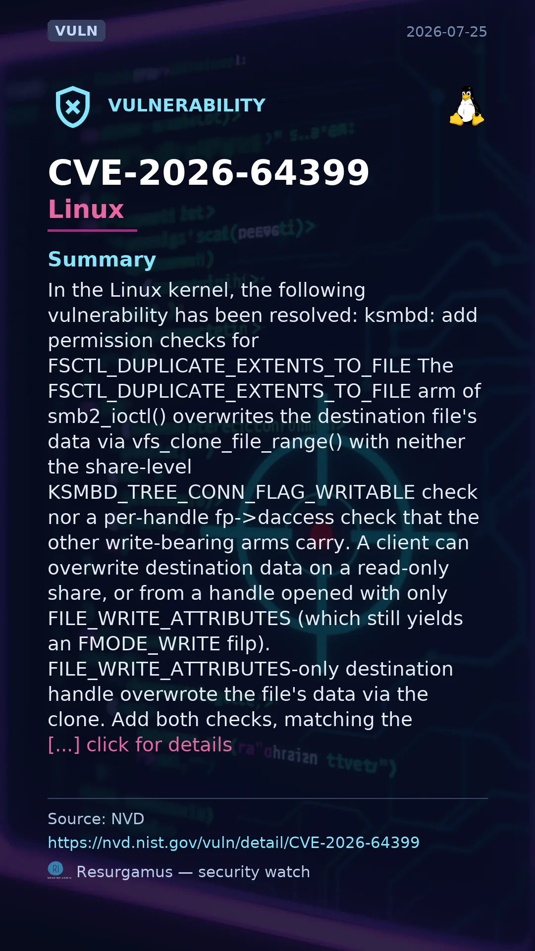 CVE-2026-64399 - Linux vulnerability