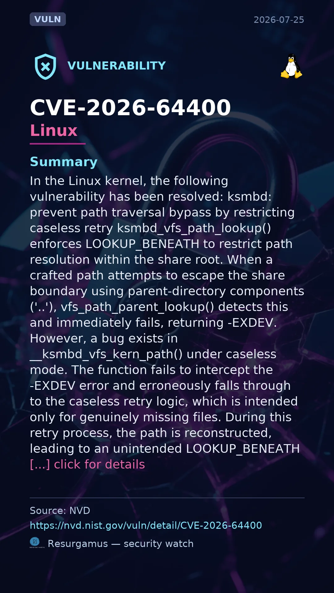 CVE-2026-64400 - Linux vulnerability
