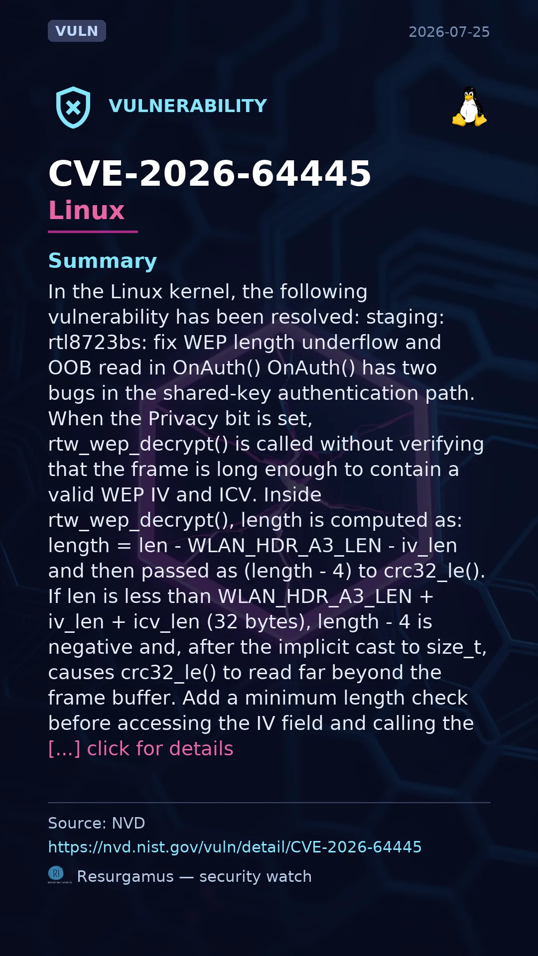 CVE-2026-64445 - Linux vulnerability