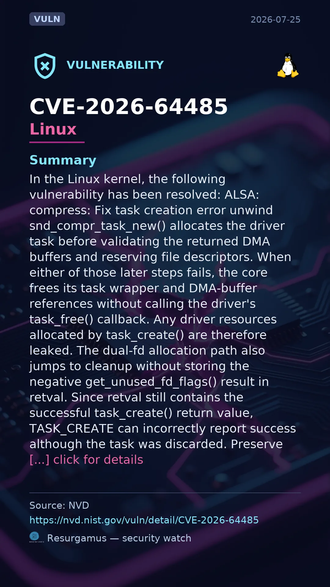 CVE-2026-64485 - Linux vulnerability