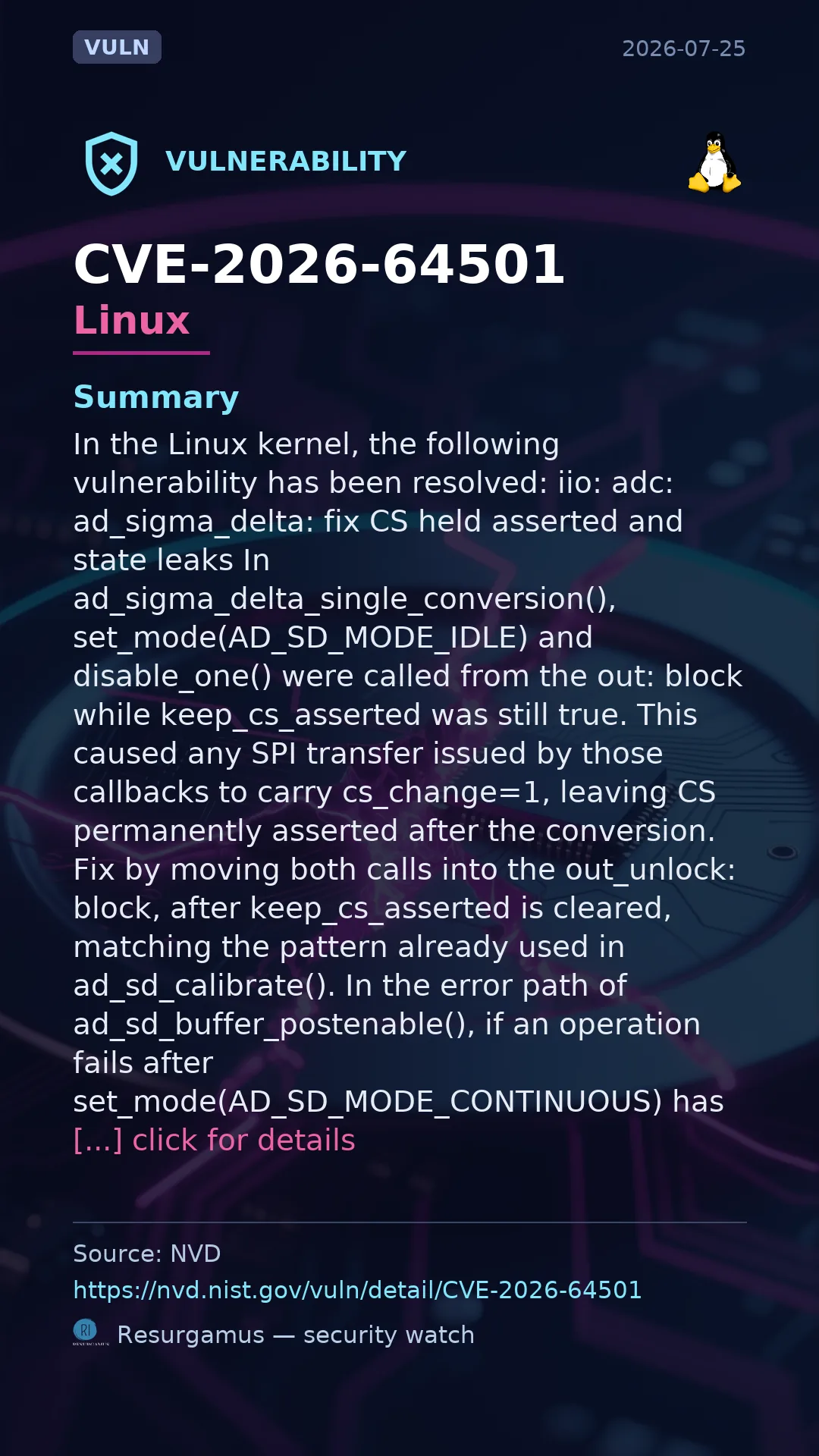 CVE-2026-64501 - Linux vulnerability