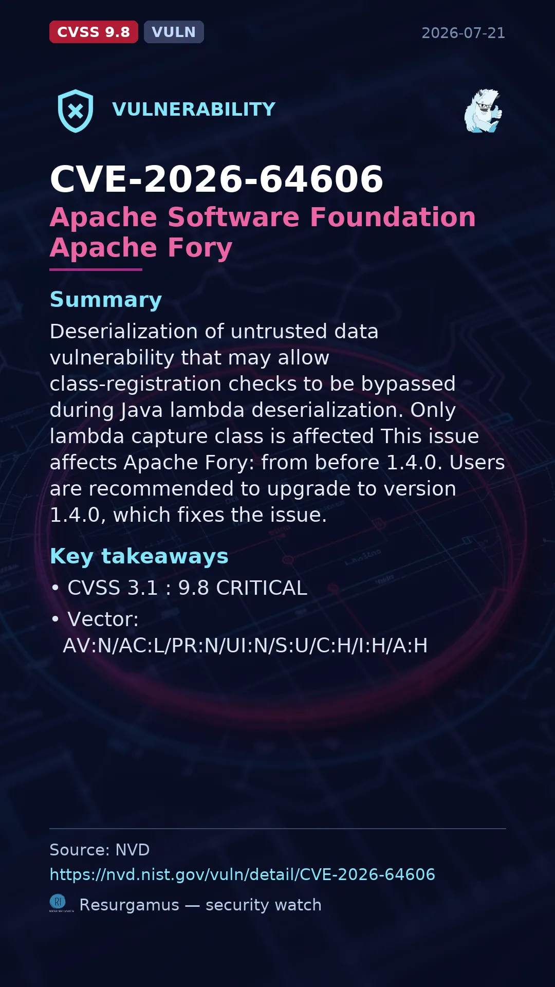 CVE-2026-64606 Apache Software Foundation Apache Fory Vulnerability