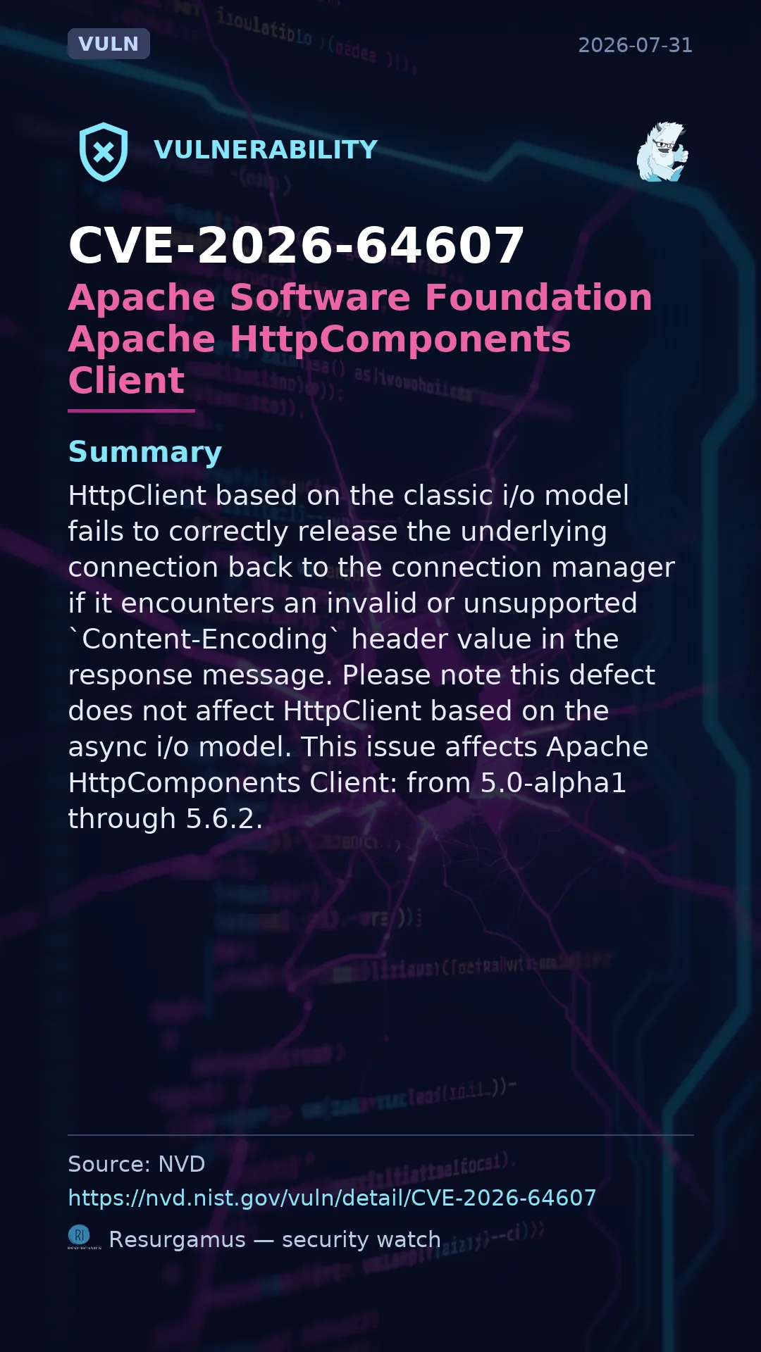 CVE-2026-64607 Apache Software Foundation Apache HttpComponents Client Vulnerability