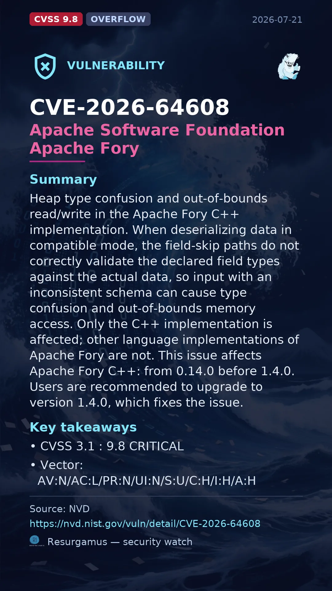 CVE-2026-64608 Apache Software Foundation Apache Fory Vulnerability