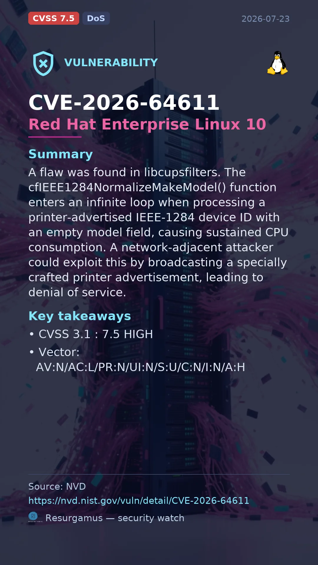 CVE-2026-64611 Red Hat Enterprise Linux 10 Vulnerability