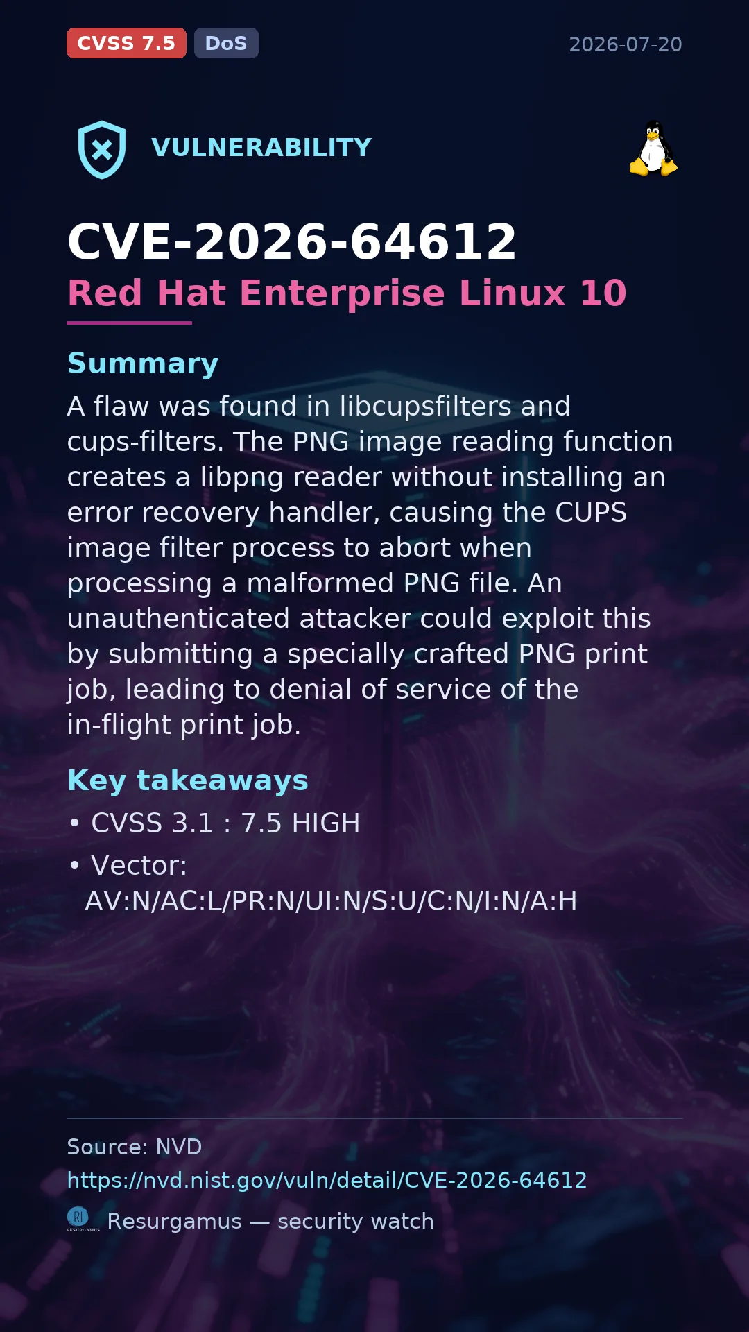 CVE-2026-64612 Red Hat Enterprise Linux 10 Vulnerability