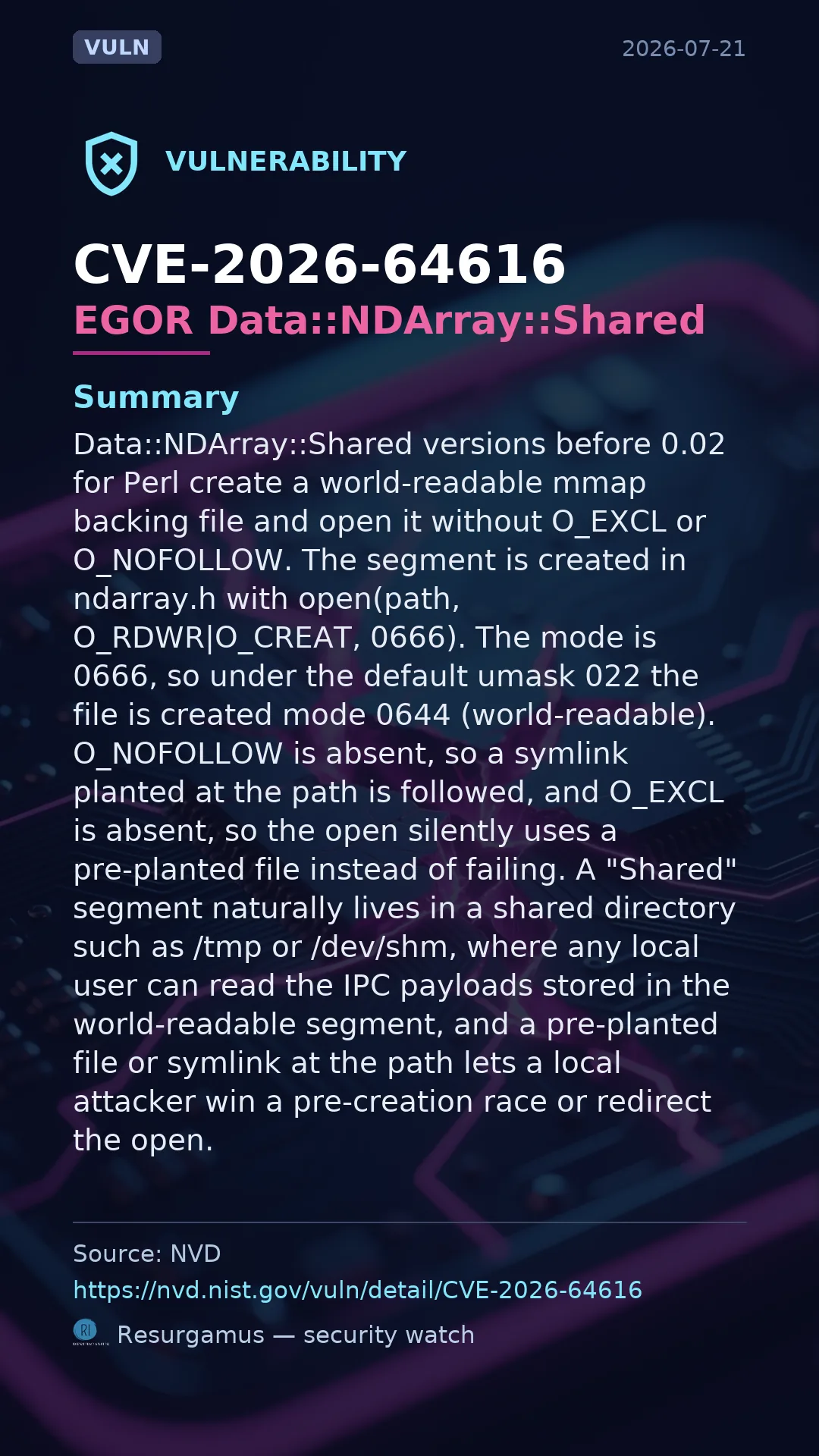 CVE-2026-64616 EGOR Data::NDArray::Shared Vulnerability