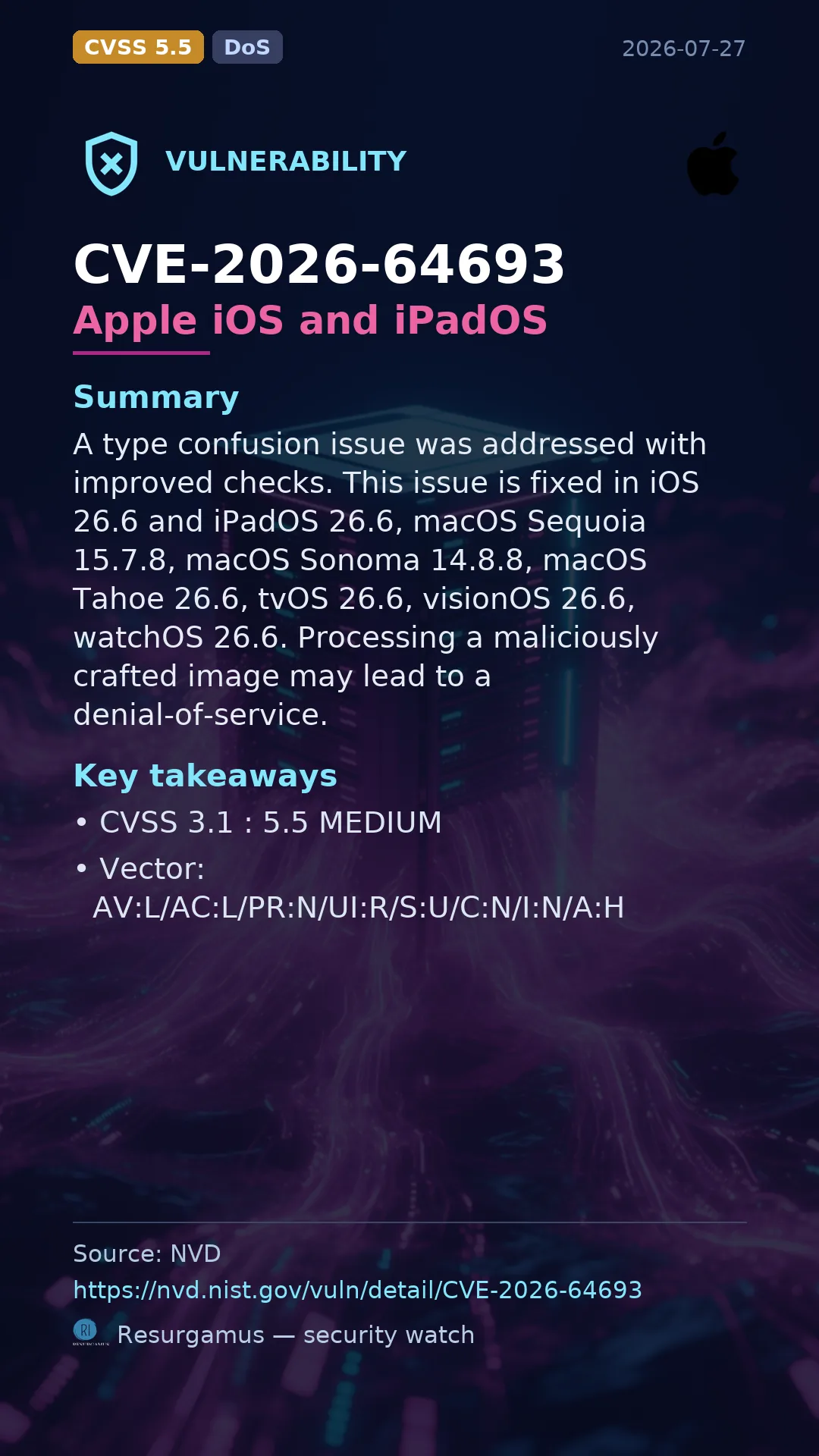 CVE-2026-64693 Apple iOS and iPadOS Vulnerability