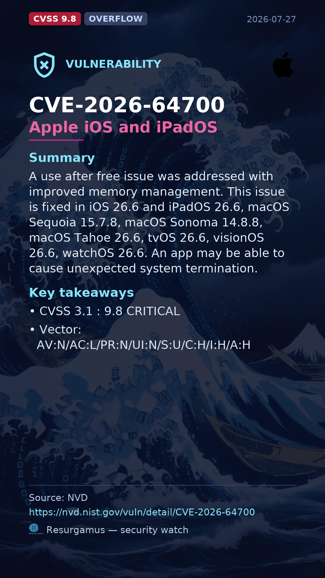 CVE-2026-64700 Apple iOS and iPadOS Vulnerability