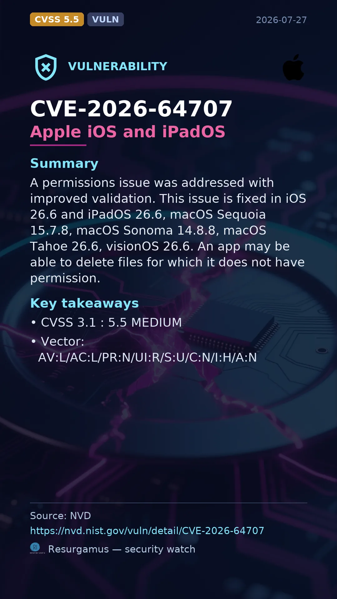 CVE-2026-64707 Apple iOS and iPadOS Vulnerability