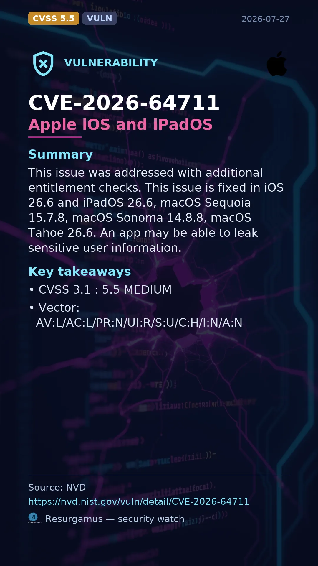 CVE-2026-64711 Apple iOS and iPadOS Vulnerability