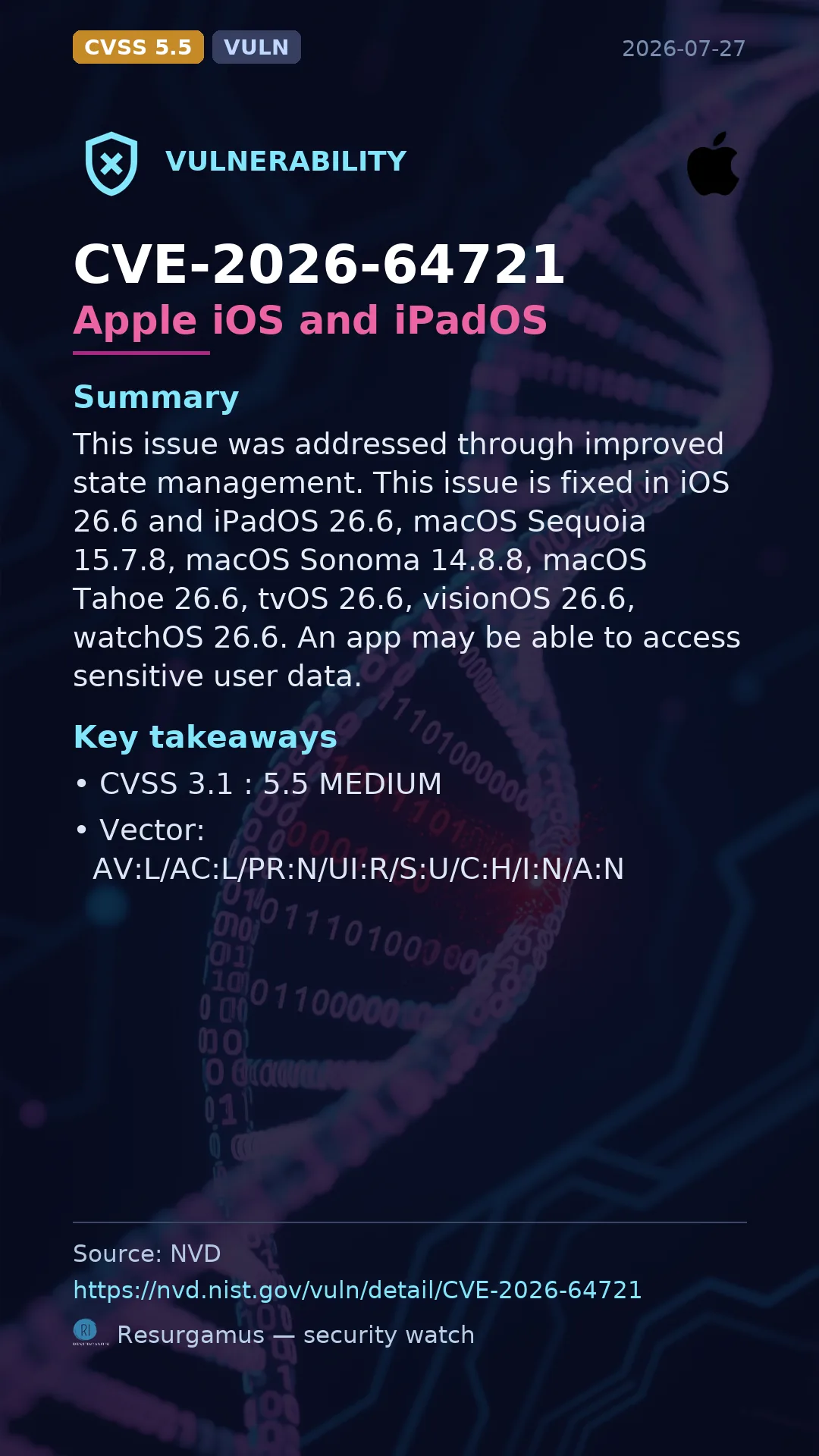 CVE-2026-64721 Apple iOS and iPadOS Vulnerability