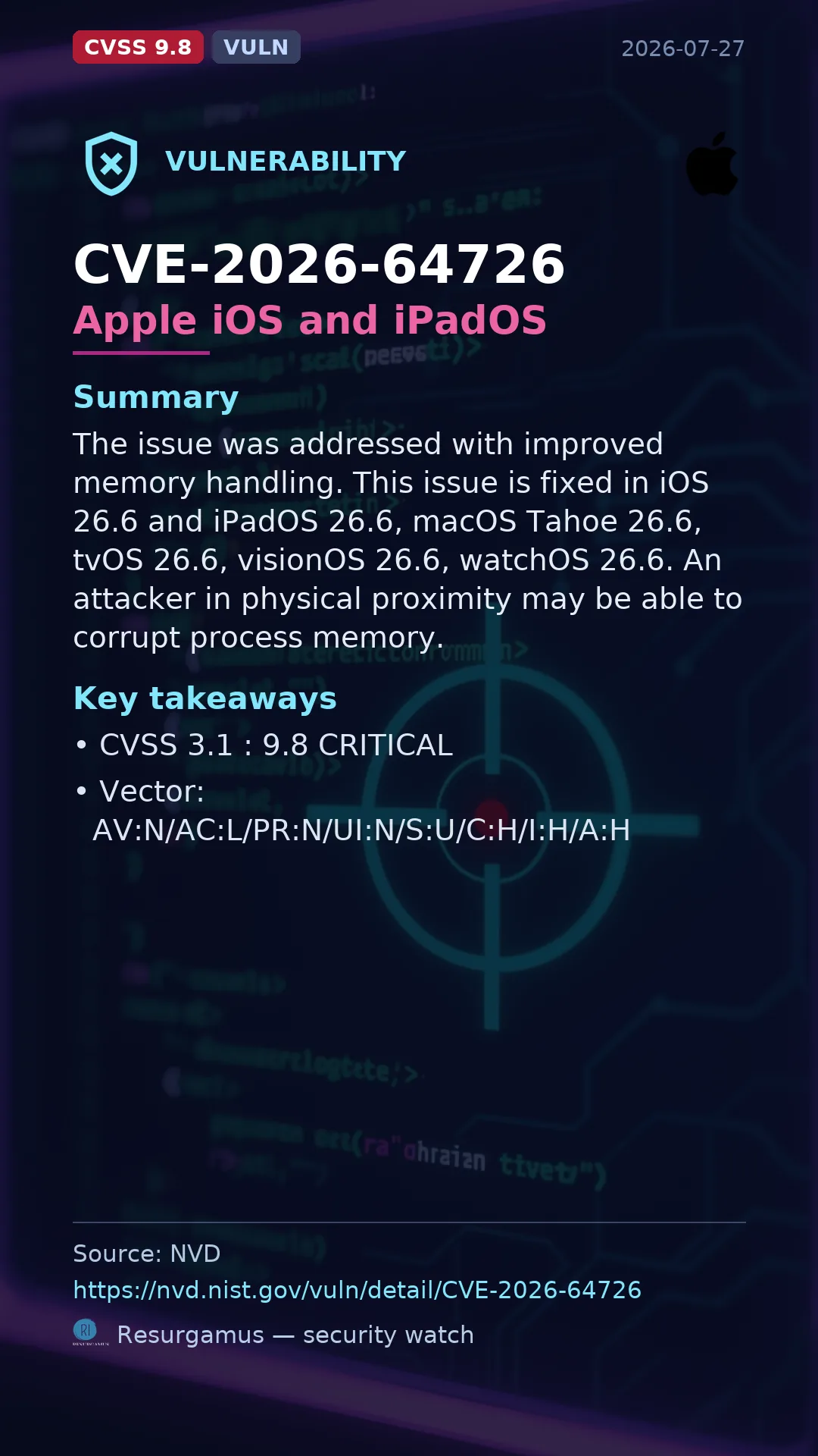 CVE-2026-64726 Apple iOS and iPadOS Vulnerability