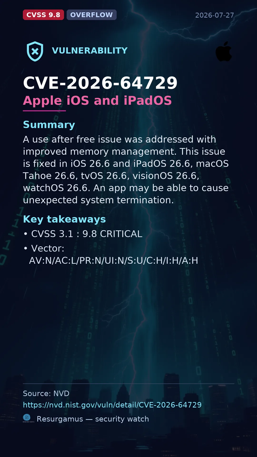 CVE-2026-64729 Apple iOS and iPadOS Vulnerability