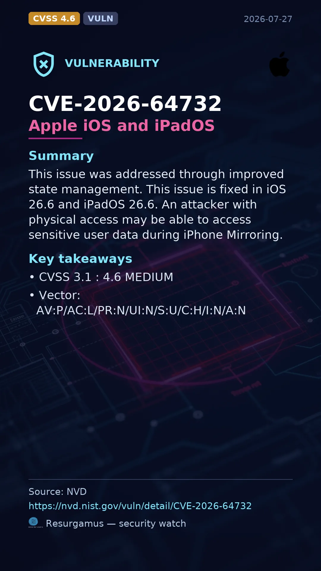 CVE-2026-64732 Apple iOS and iPadOS Vulnerability