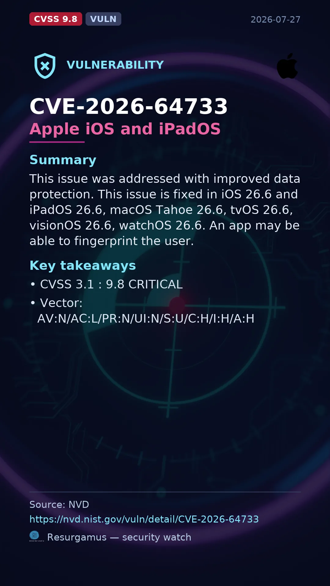 CVE-2026-64733 Apple iOS and iPadOS Vulnerability