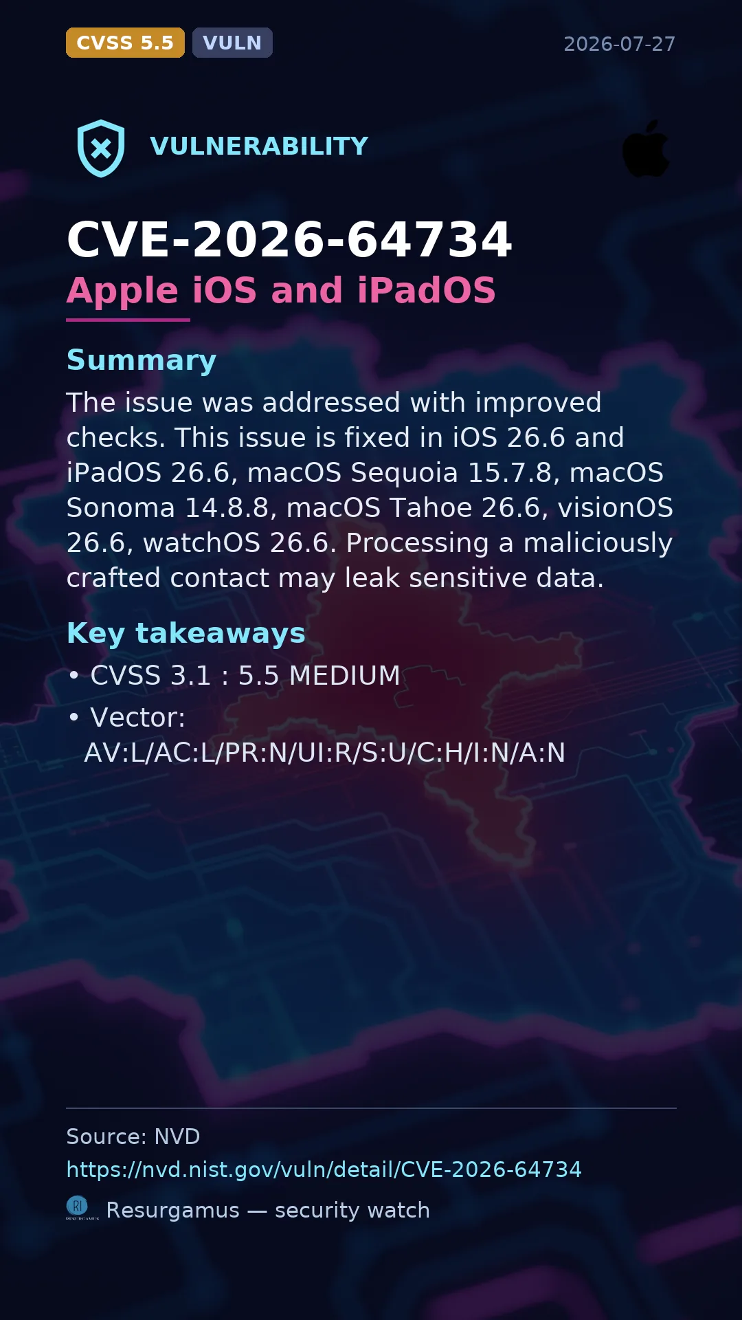 CVE-2026-64734 Apple iOS and iPadOS Vulnerability