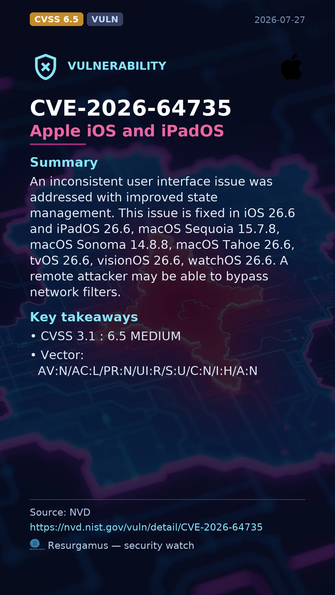 CVE-2026-64735 Apple iOS and iPadOS Vulnerability