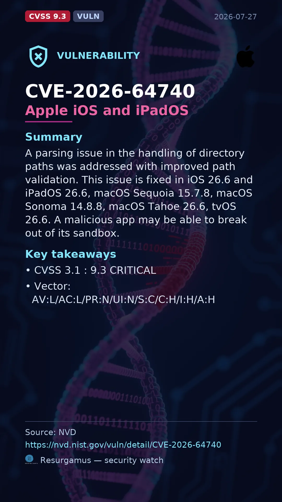 CVE-2026-64740 Apple iOS and iPadOS Vulnerability