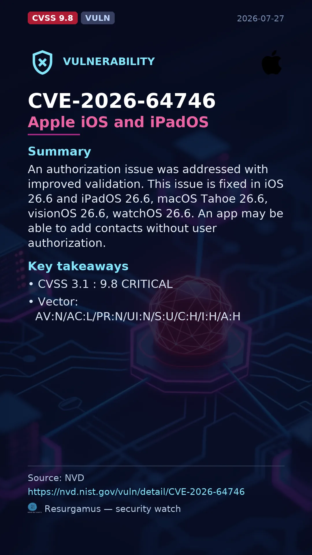 CVE-2026-64746 Apple iOS and iPadOS Vulnerability