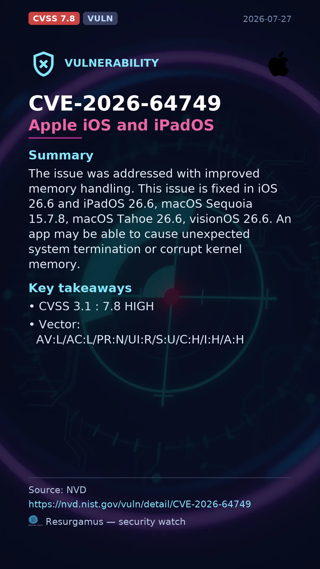 CVE-2026-64749 Apple iOS and iPadOS Vulnerability