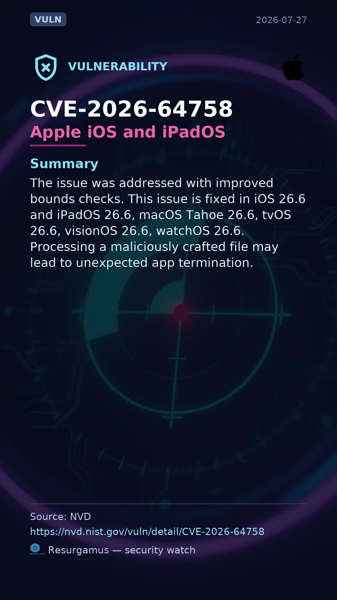 CVE-2026-64758 Apple iOS and iPadOS Vulnerability