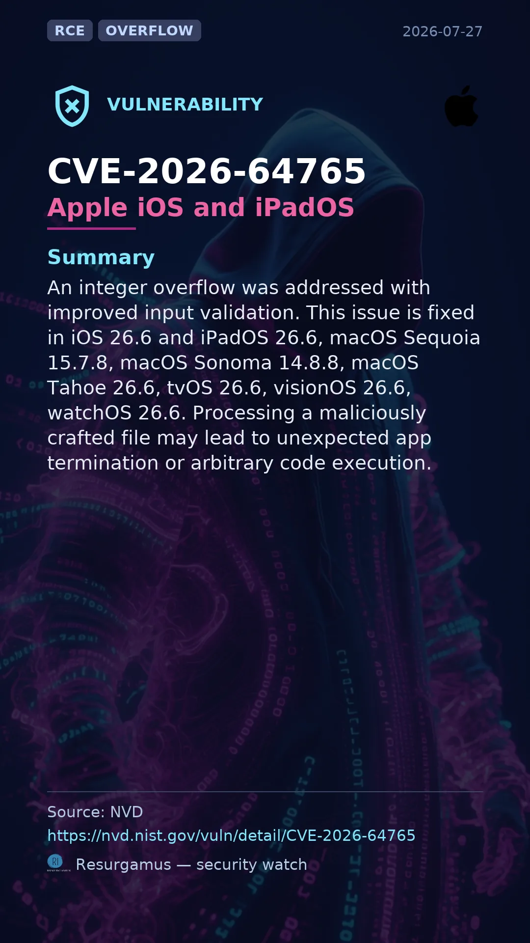 CVE-2026-64765 Apple iOS and iPadOS Vulnerability