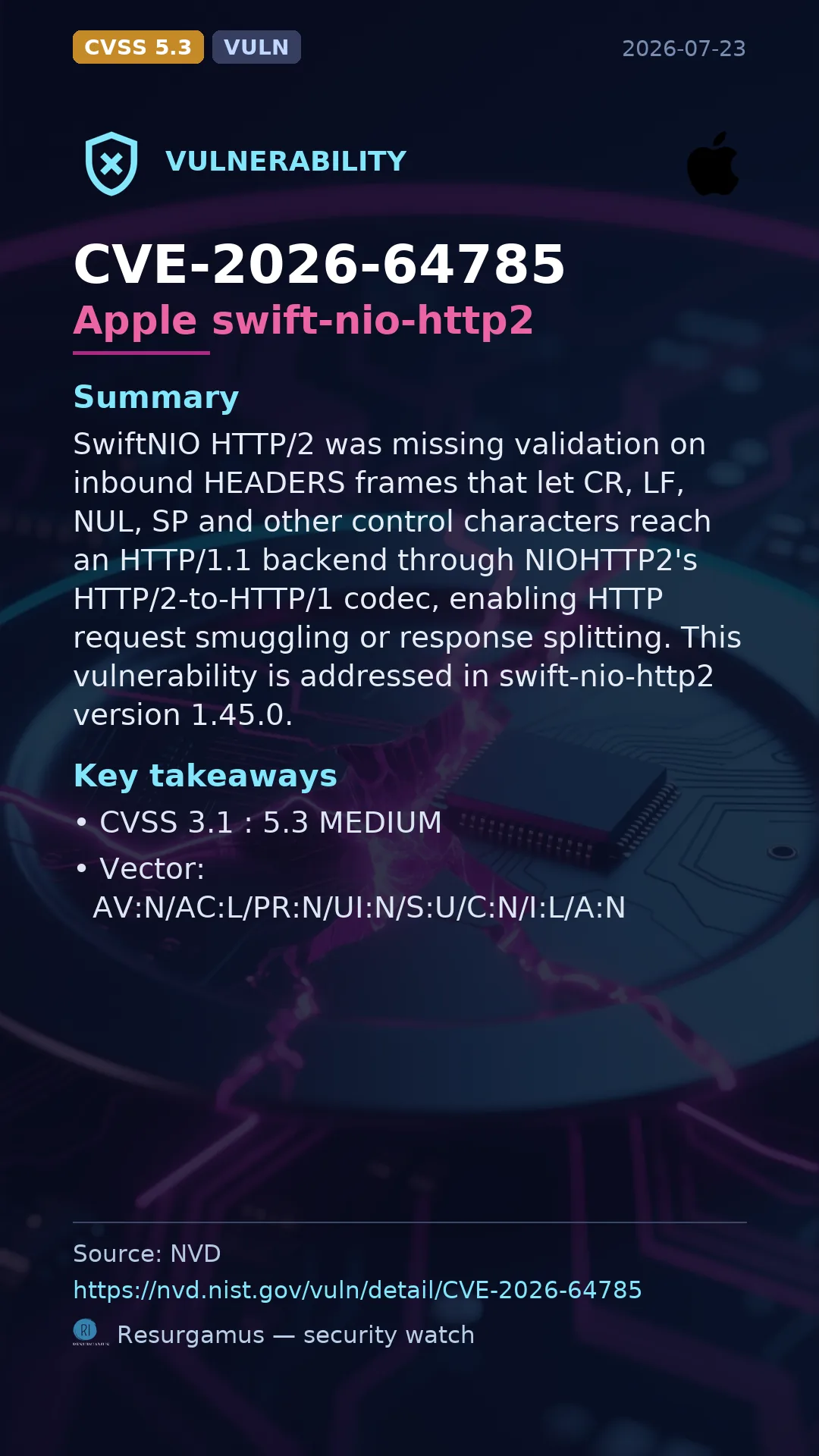CVE-2026-64785 Apple swift-nio-http2 Vulnerability