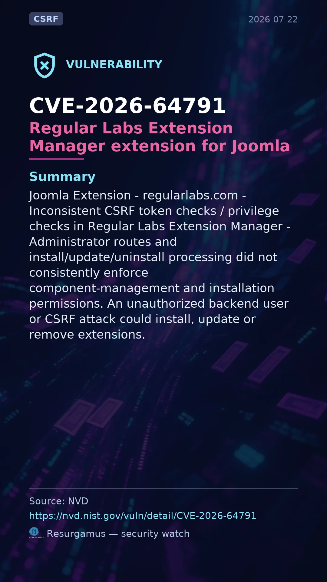 CVE-2026-64791 Regular Labs Extension Manager extension for Joomla Vulnerability