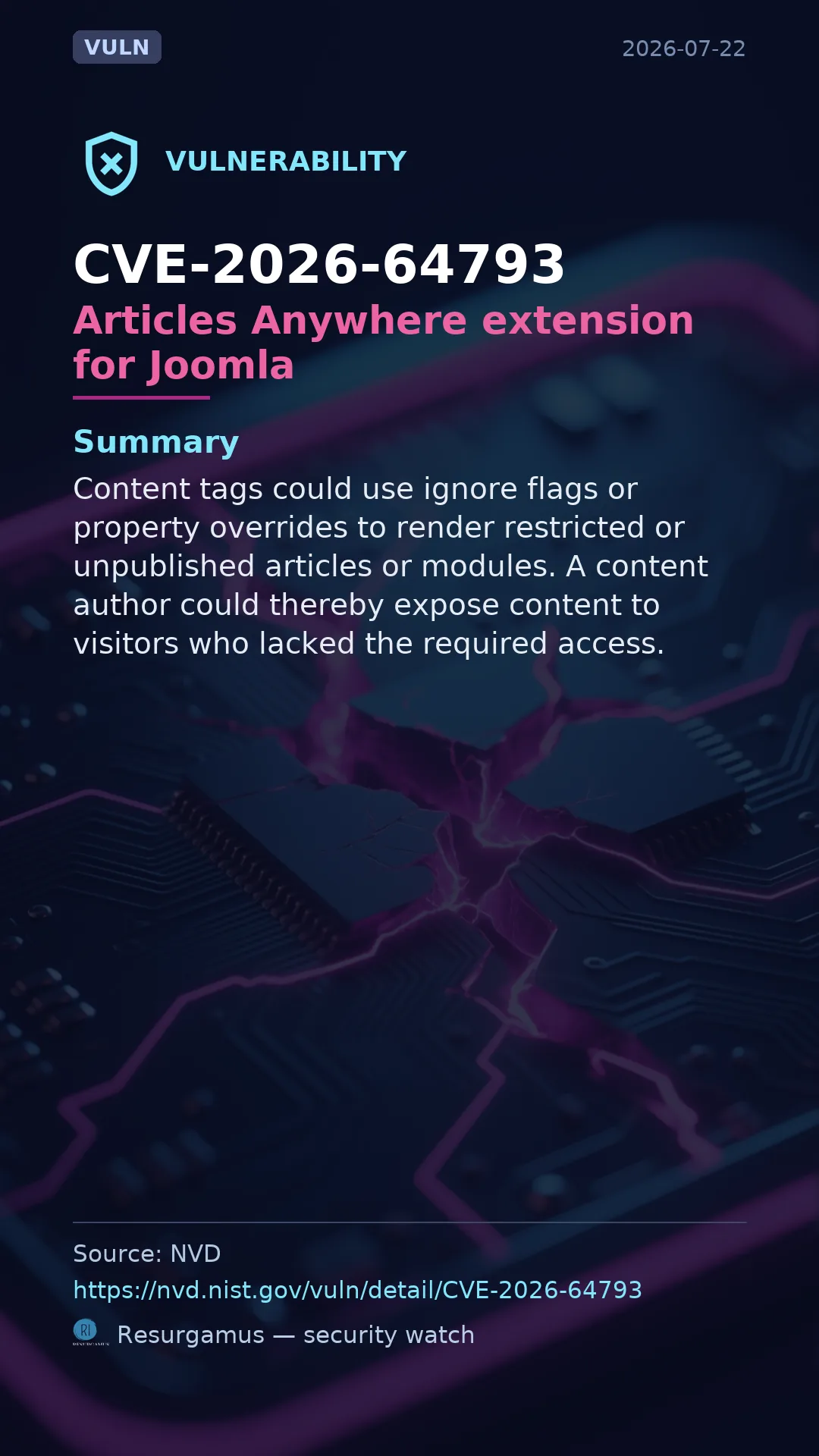 CVE-2026-64793 Articles Anywhere extension for Joomla Vulnerability